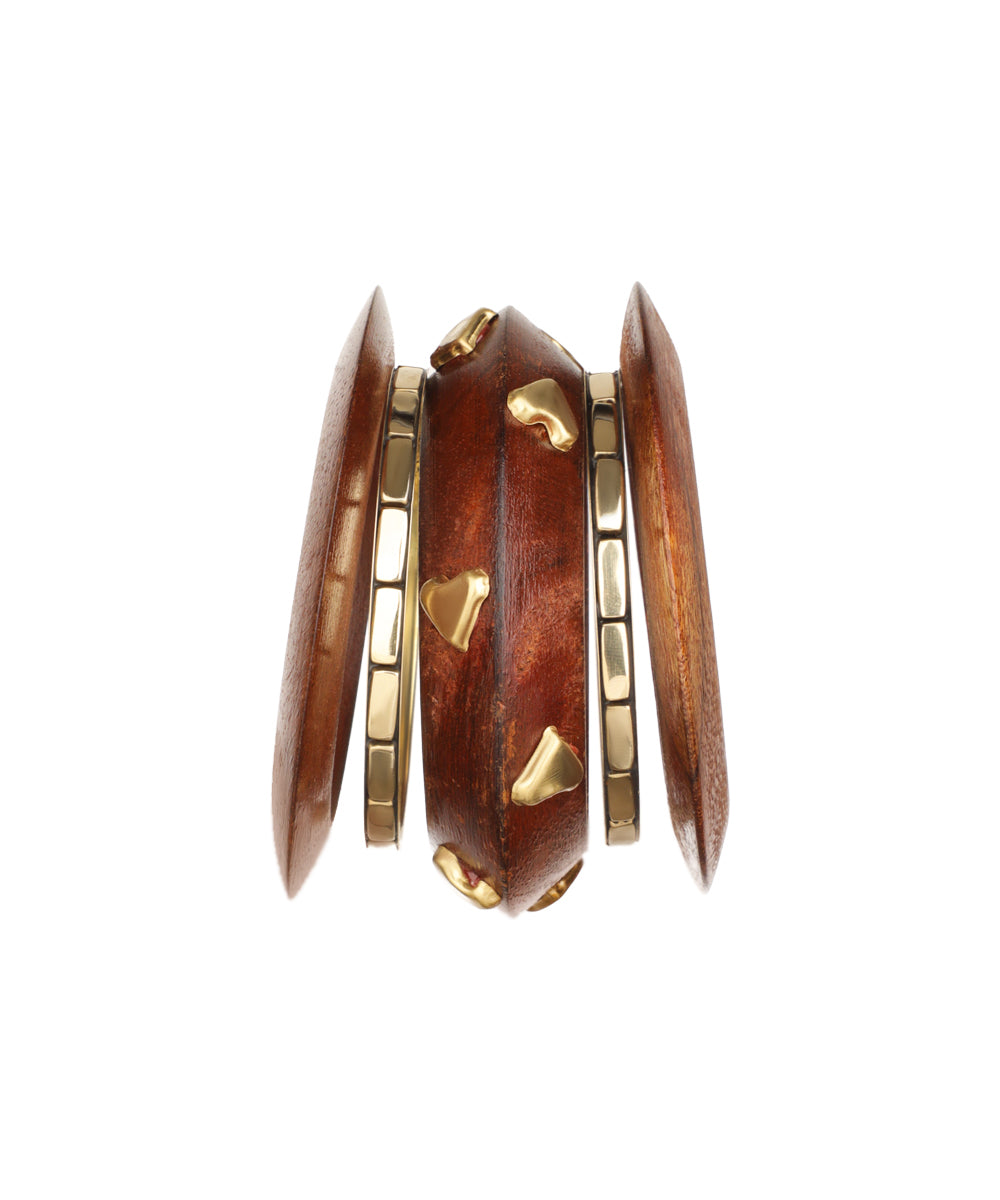 Wood and gold-tone kada stacked bangles with heart-shaped metal accents