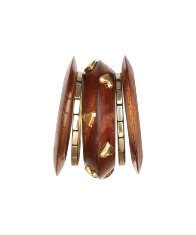 Wood and gold-tone kada stacked bangles with heart-shaped metal accents