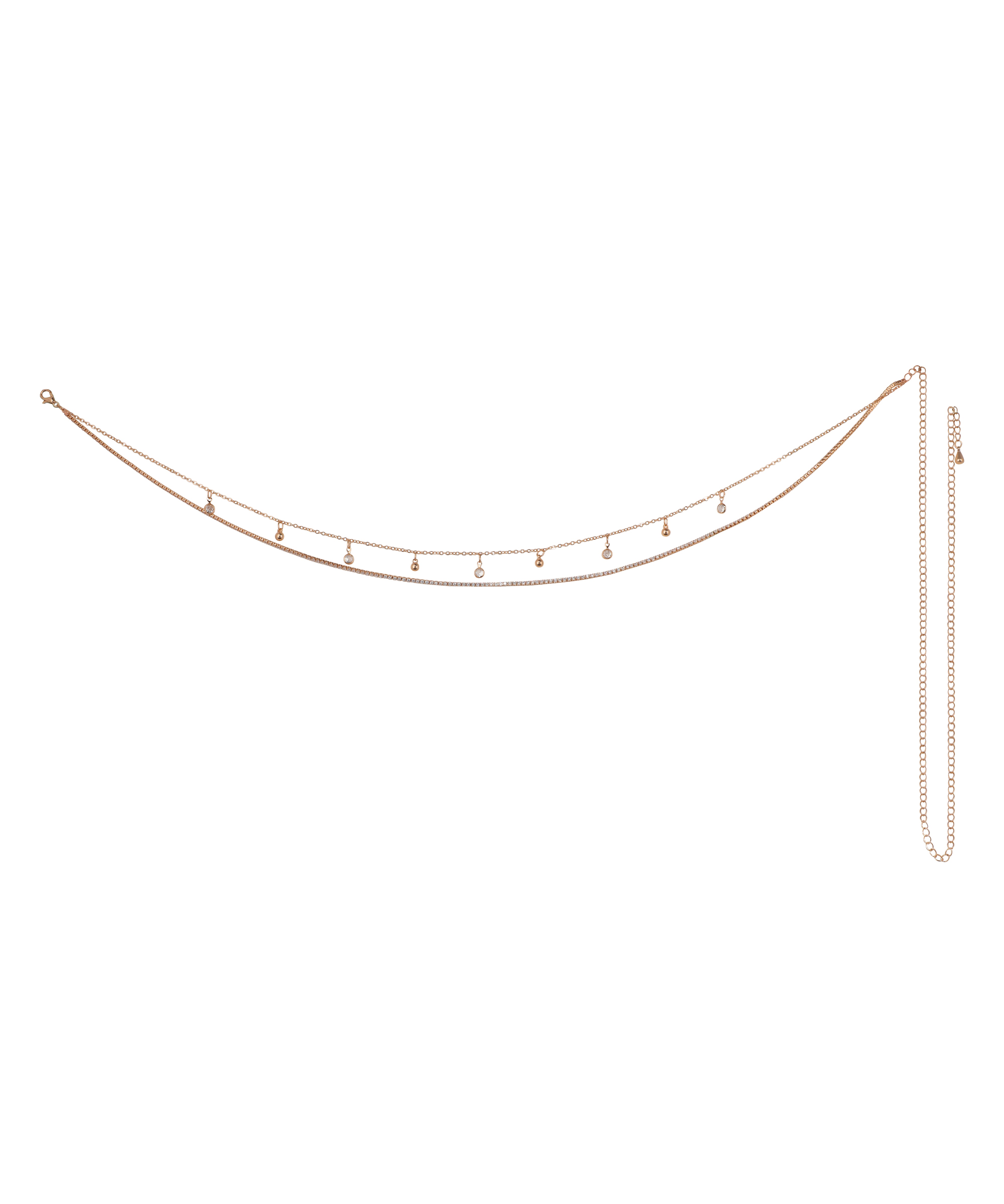 Rose-gold tone waist chain with double layers and dangle cubic zirconia stones