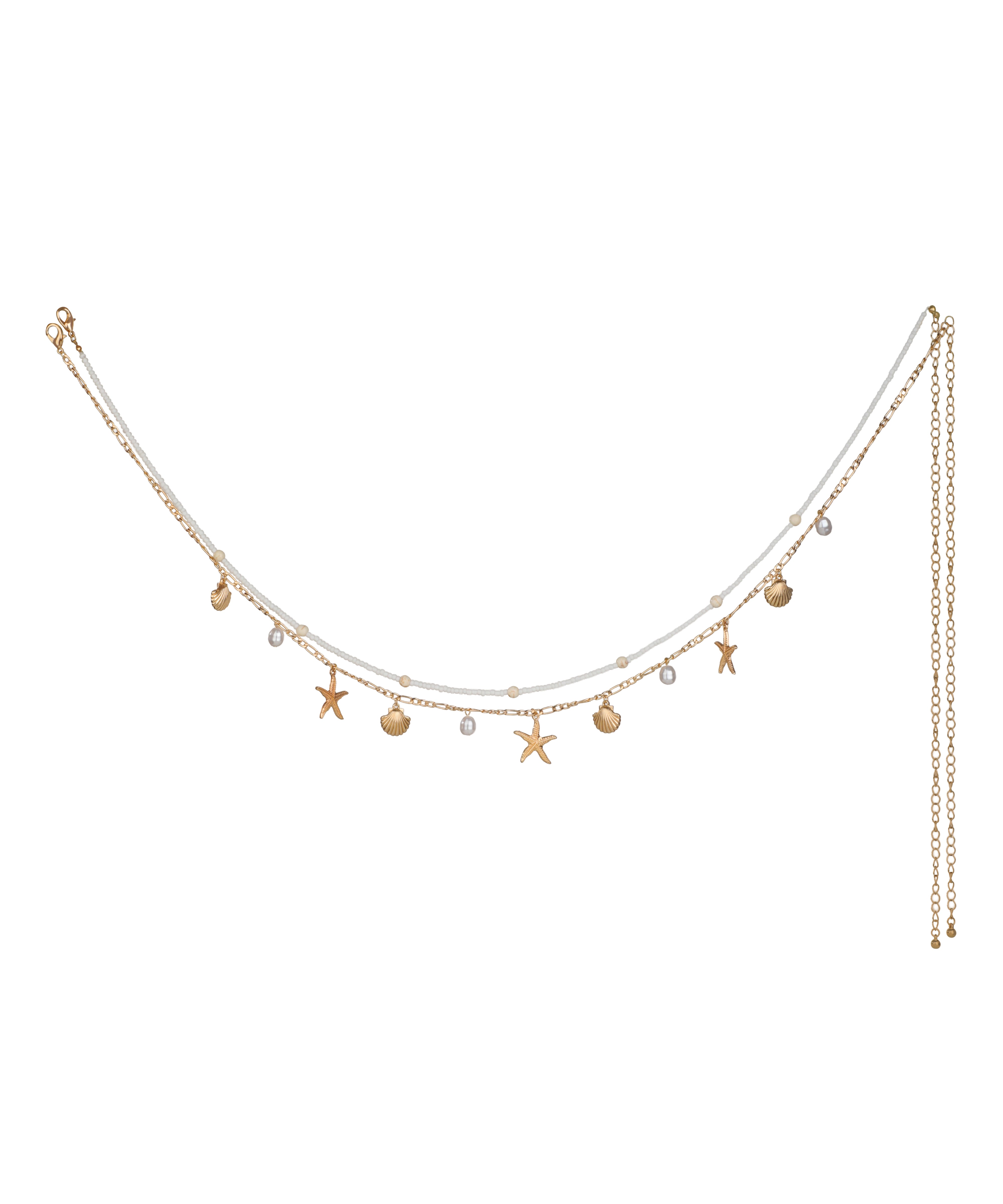 Gold-tone layered waist chain with white beads, starfish, seashell, and faux pearl charms