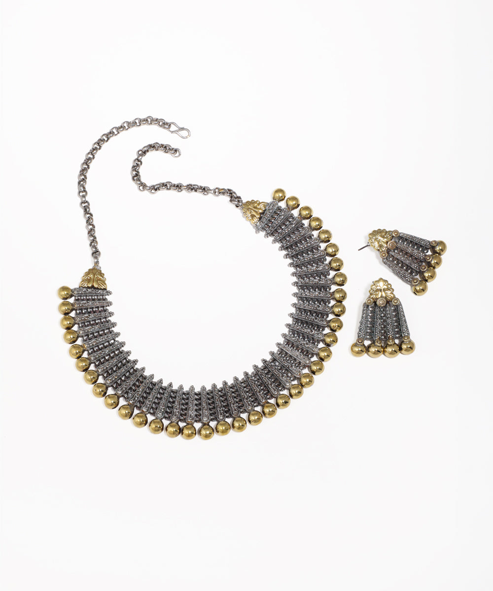 Dual-tone oxidise necklace and earrings set with textured segments and brass-tone bead border