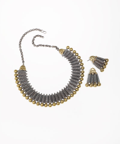 Dual-tone oxidise necklace and earrings set with textured segments and brass-tone bead border