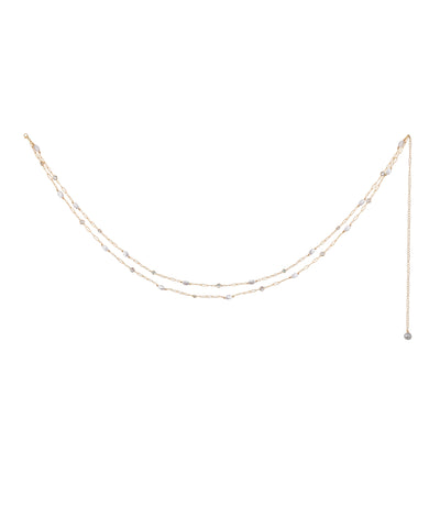 Gold-tone dual-layer waist chain with faux pearls and clear glass crystals, adjustable length