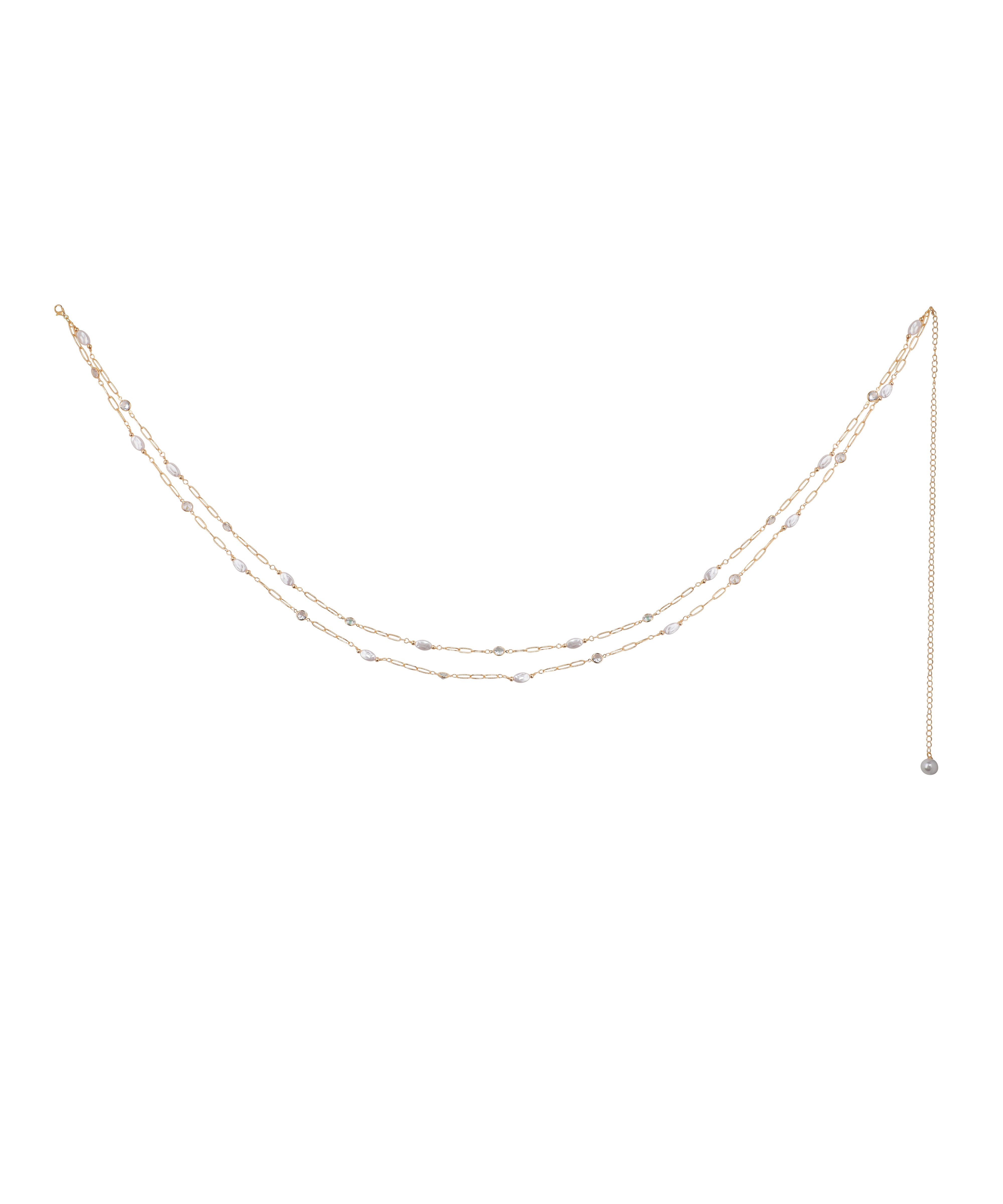 Gold-tone dual-layer waist chain with faux pearls and clear glass crystals, adjustable length