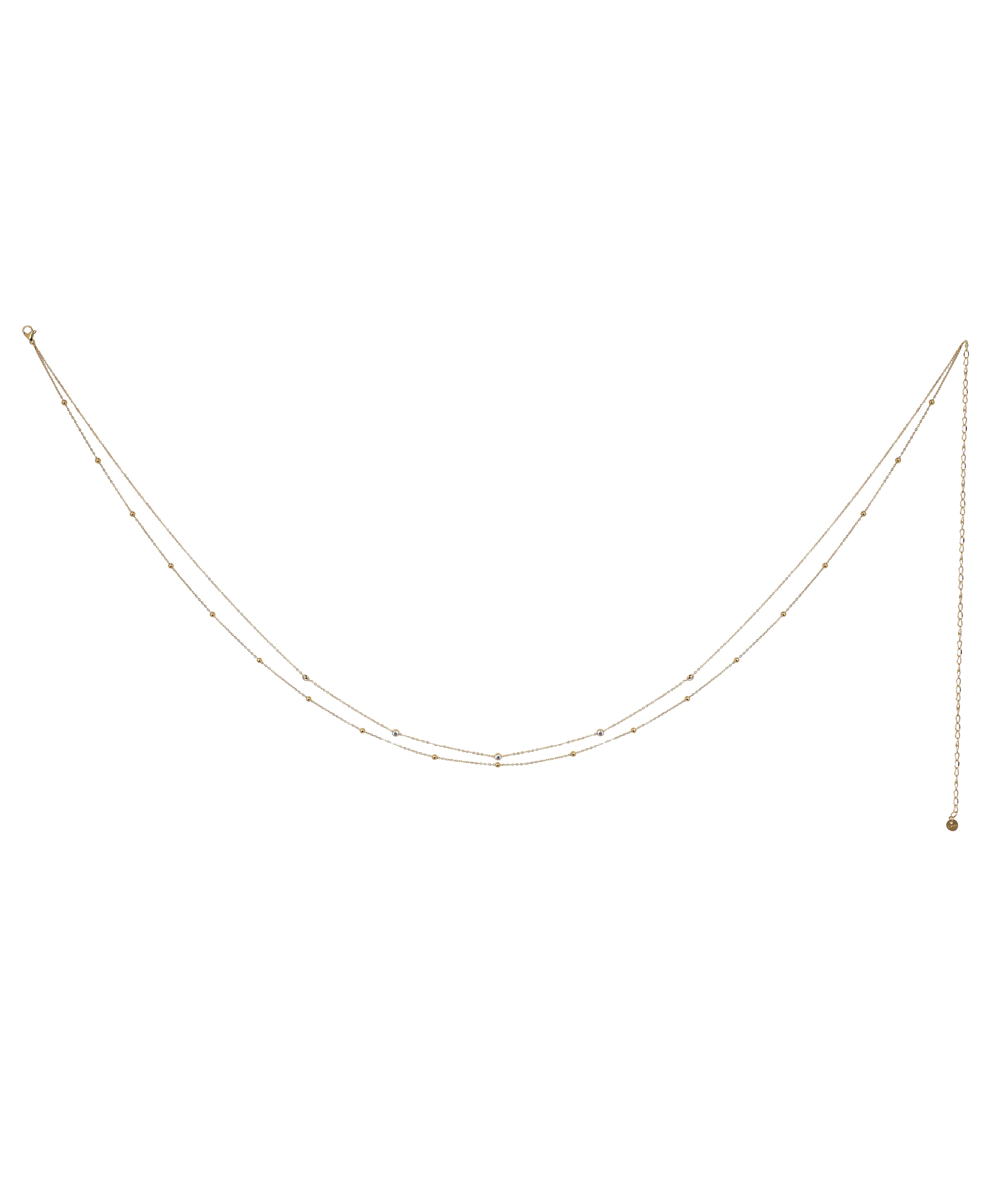 Gold-tone waist chain with two delicate layers and small metal beads