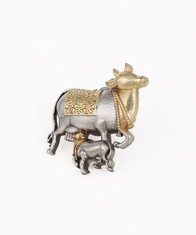 Oxidized silver-tone and gold-tone ring with cow and calf motif