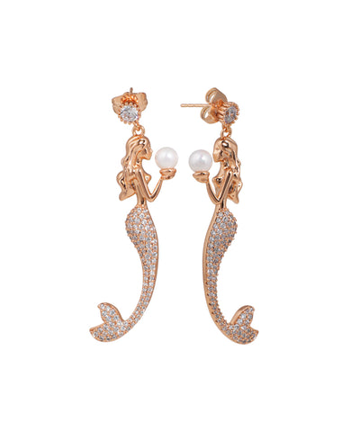 Rose-gold-tone drop earrings with mermaid design, faux pearls, and clear stones.