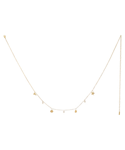Gold-tone waist chain with dolphin, shell, and star charms, accented with small faux pearls