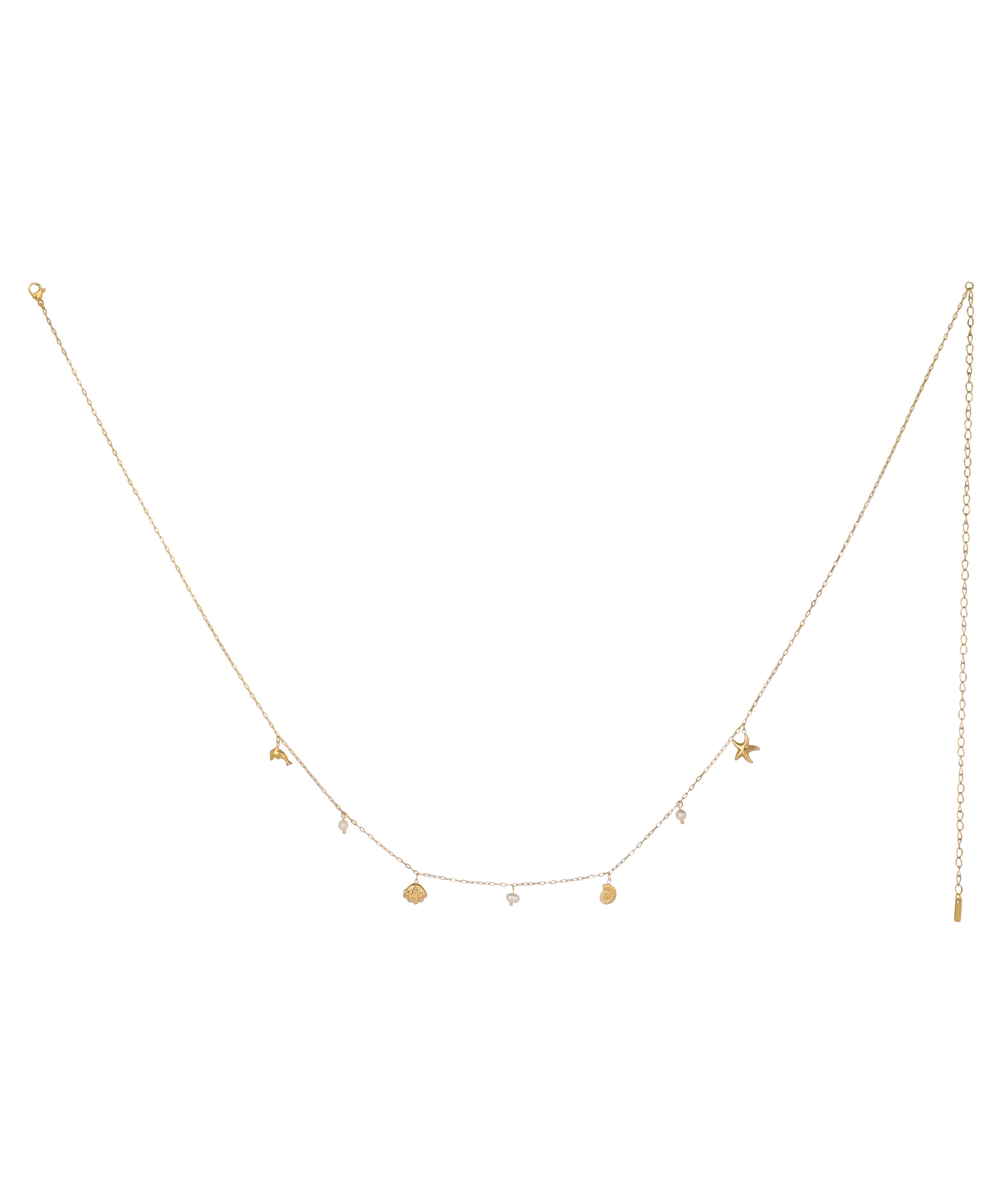 Gold-tone waist chain with dolphin, shell, and star charms, accented with small faux pearls