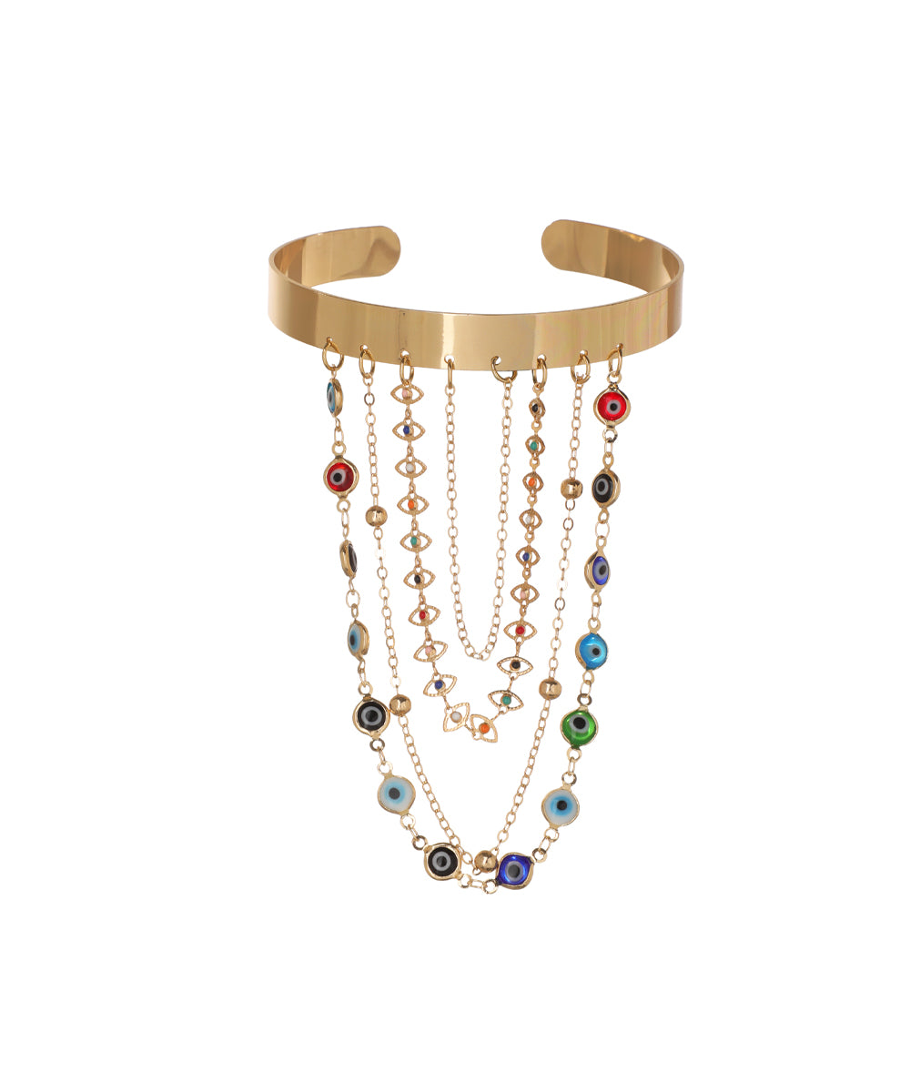 Gold-tone arm cuff with dangling multi-colored evil eye charms