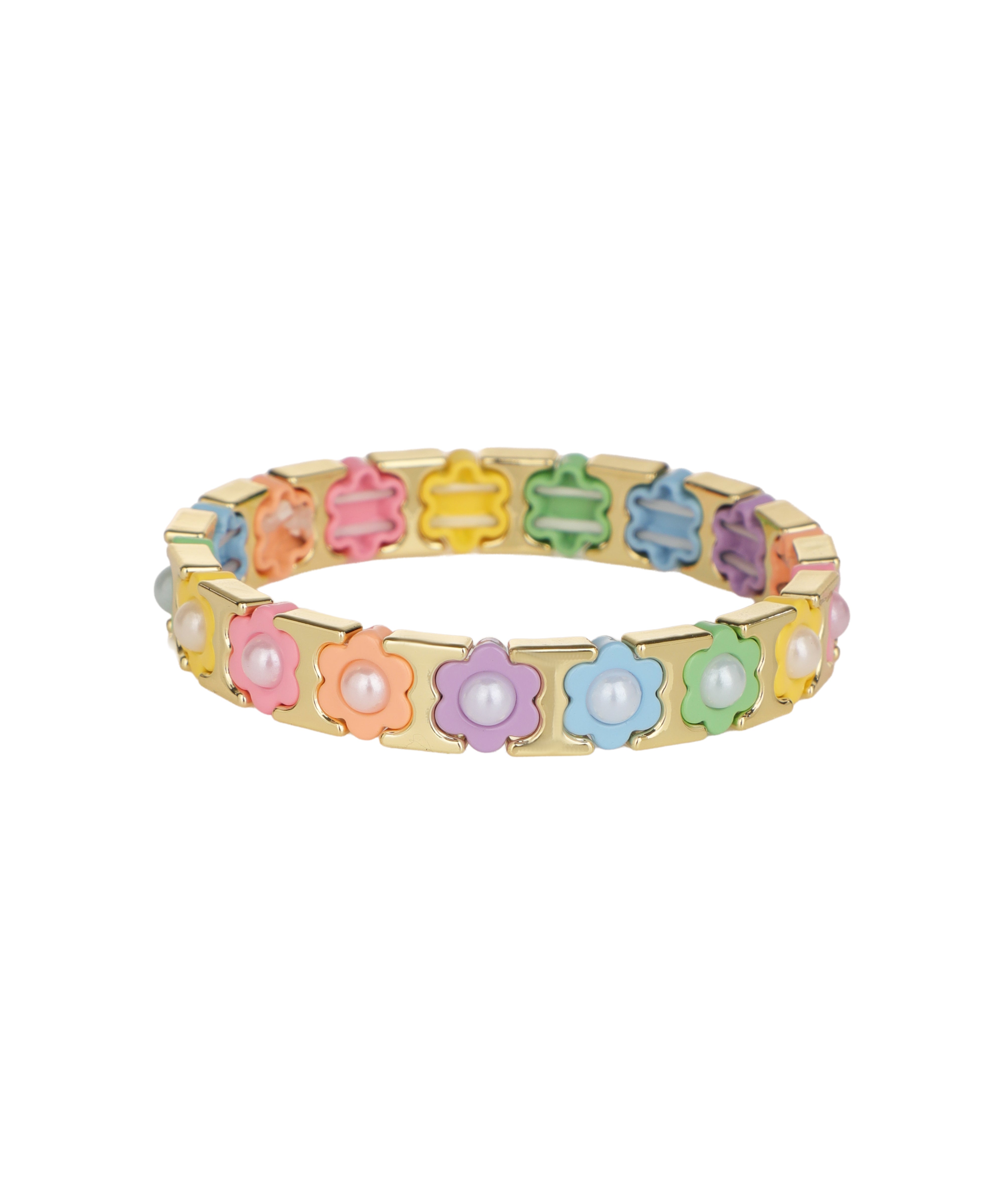 Gold-tone bracelet with pastel enamel flowers and faux pearls