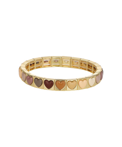 Gold-tone bracelet with square segments featuring multi-shade heart inlays.