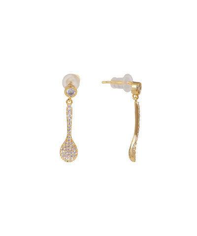 Gold-tone drop earrings with clear cubic zirconia stones in a petite spoon shape