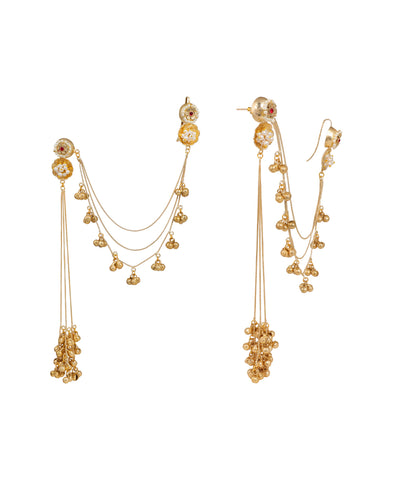 Gold-tone Kaan Chain earrings with floral stud, red stones, faux pearls, cascading chains and ghungroo bells.