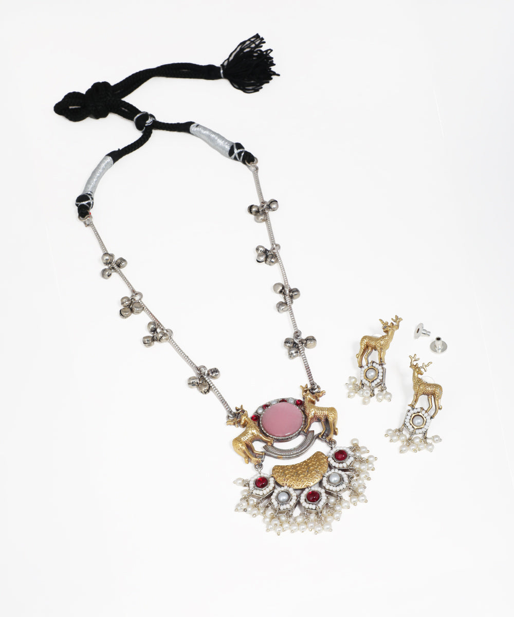 Oxidised silver-tone necklace set with gold-tone deer, pink stone, red accents, and faux pearl drops