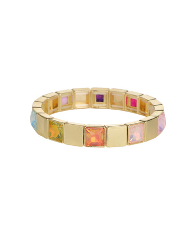 Gold-tone bracelet with alternating square segments and multi-colored glass crystals, slip-on style