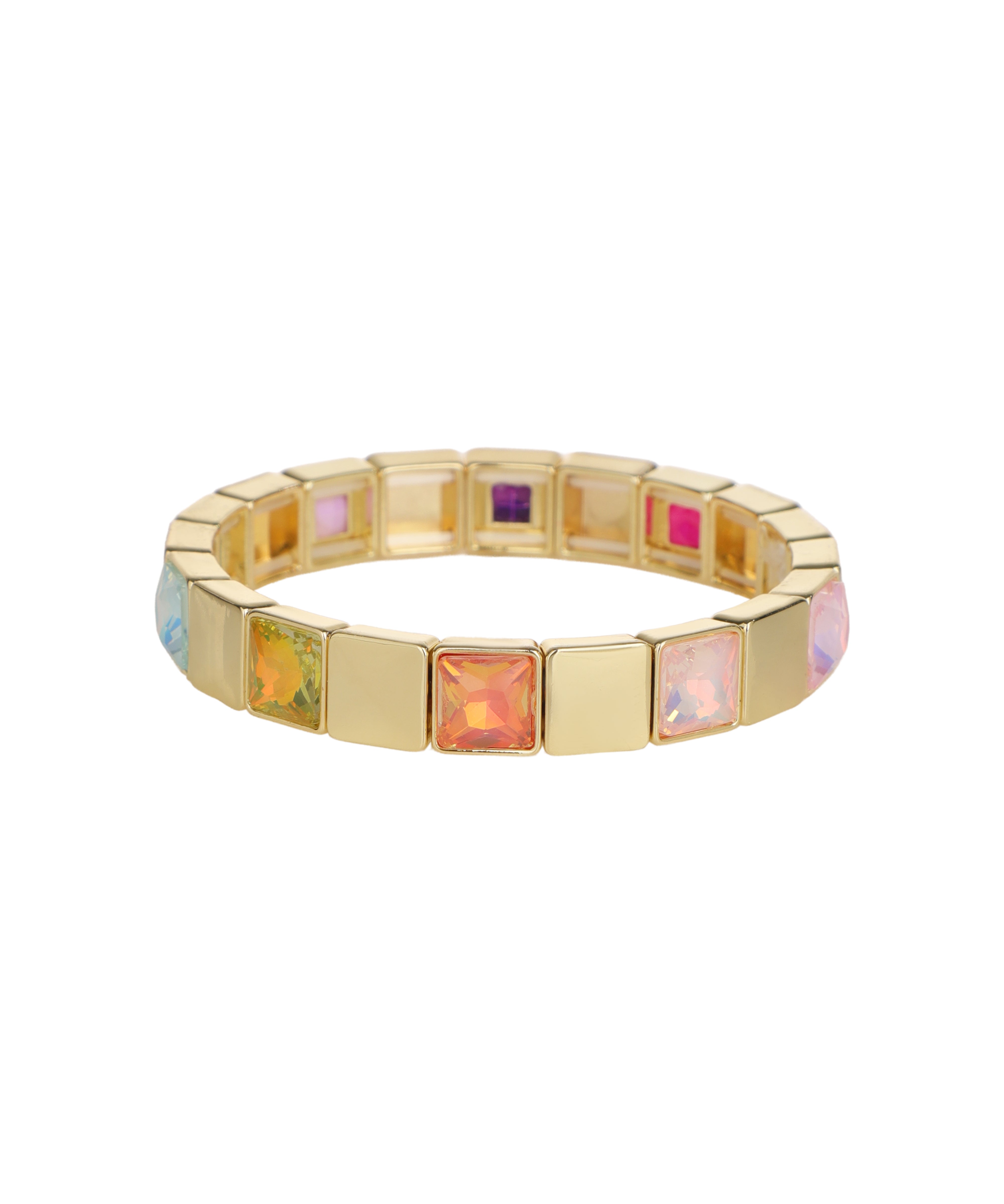 Gold-tone bracelet with alternating square segments and multi-colored glass crystals, slip-on style