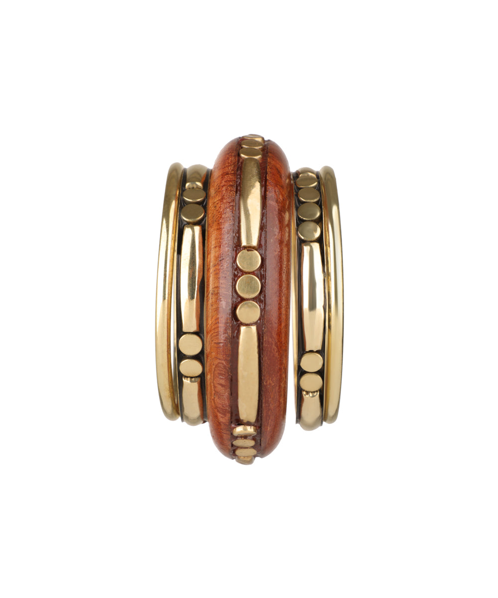 Gold-tone and wood stacked bangle kada with geometric detailing