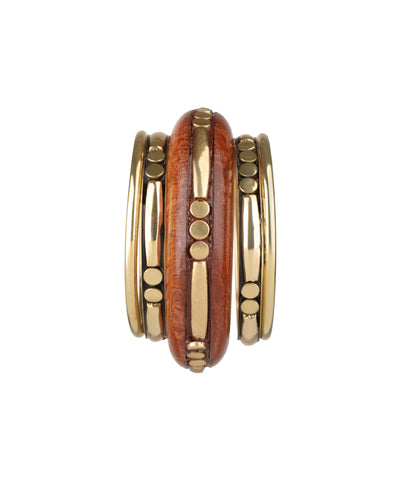 Gold-tone and wood stacked bangle kada with geometric detailing