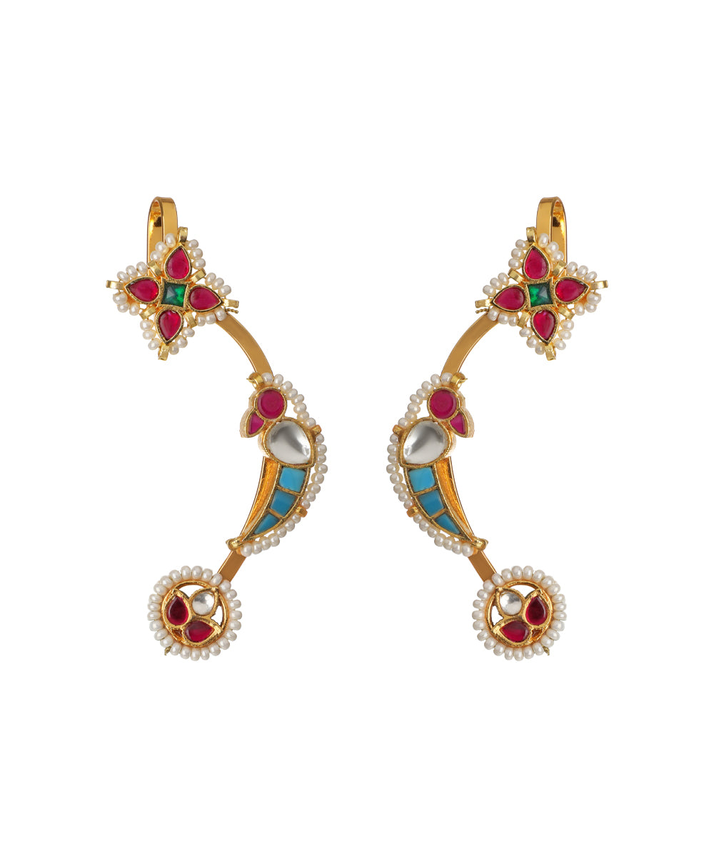 Gold-tone ear cuff climber earrings with floral design, colored glass crystals, faux pearls, and blue enamel accents