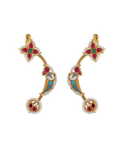 Gold-tone ear cuff climber earrings with floral design, colored glass crystals, faux pearls, and blue enamel accents
