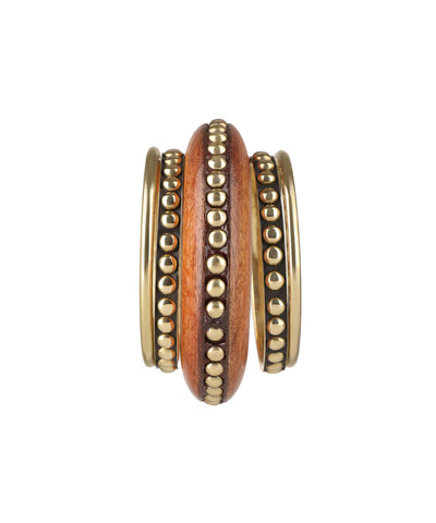 Warm wood kada with gold-tone stud details and polished gold-tone bangles, stacked together
