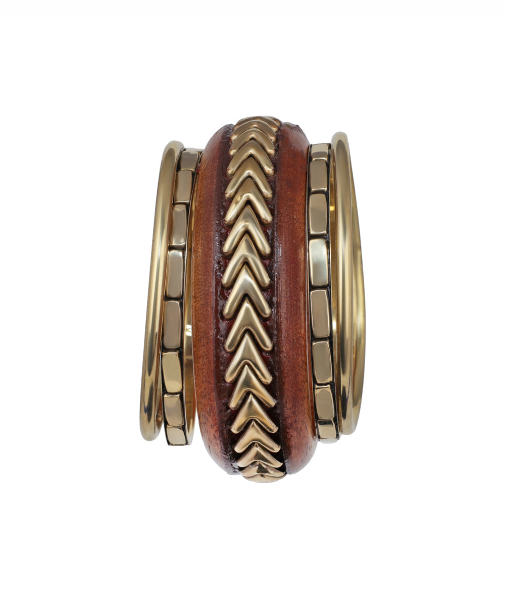 Gold-tone and wood kada with chevron and textured band details