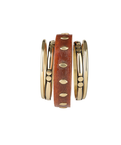 Gold-tone and wood stacked bangle set with patterned details