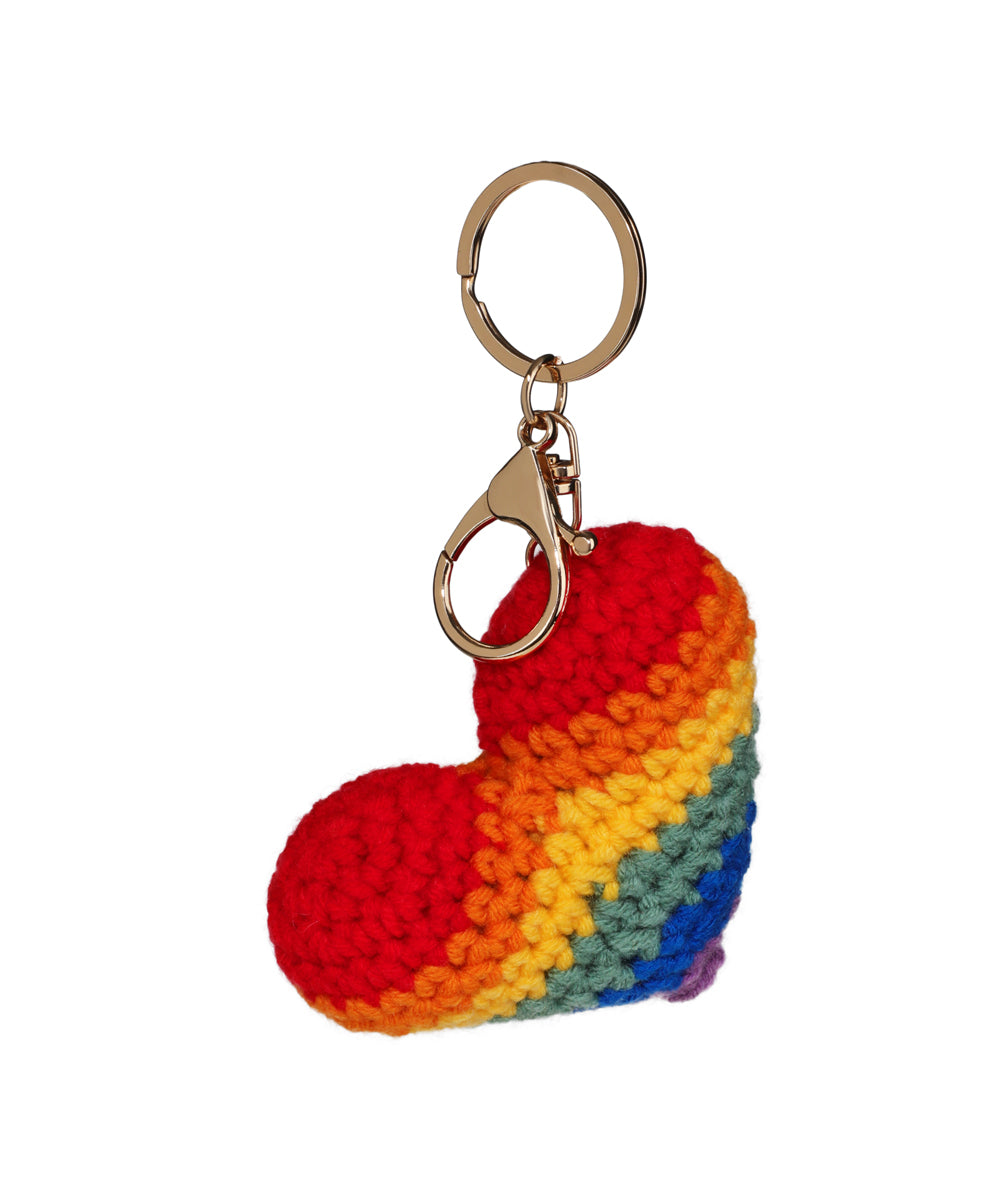 Gold-tone keychain hardware with a colorful crochet heart charm in rainbow stripes.