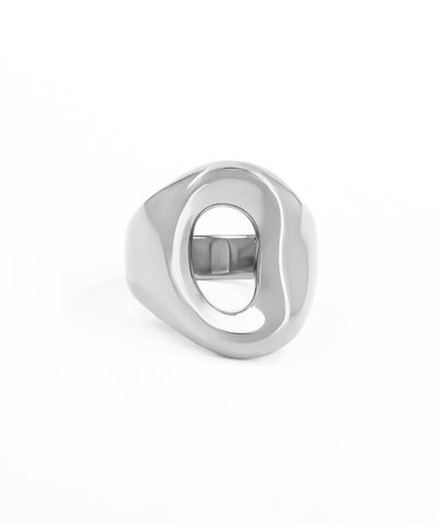 Silver ring with a unique design on a white background