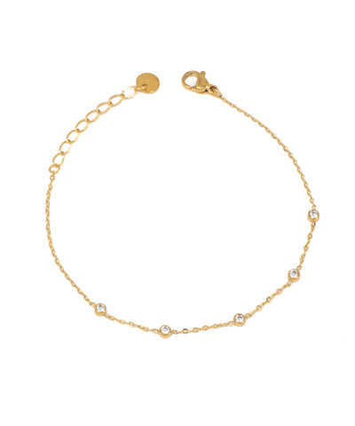 Gold-tone chain bracelet with small, round clear stones set in bezels along the delicate chain