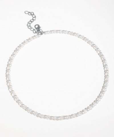 Silver-tone choker necklace with alternating faux pearl and faceted clear glass beads.