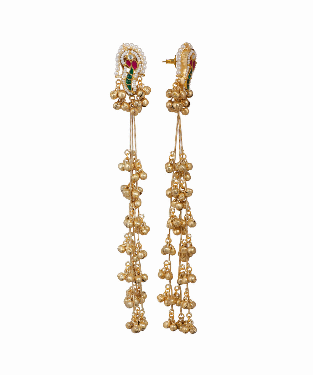Gold-tone Kashmiri Jhumka earrings with peacock motif, faux pearls, and cascading bells.