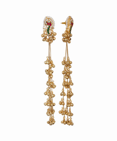 Gold-tone Kashmiri Jhumka earrings with peacock motif, faux pearls, and cascading bells.