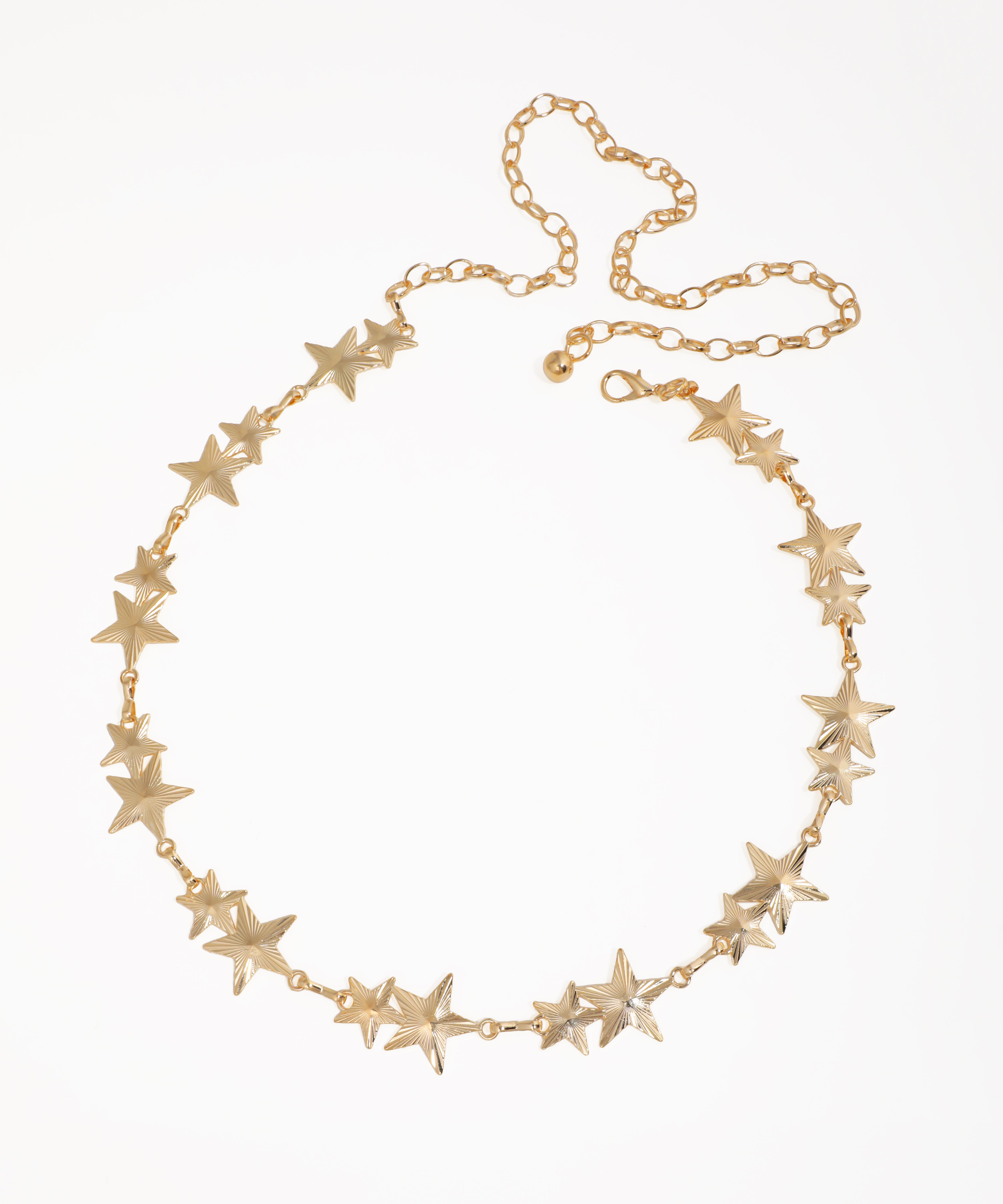 Gold-tone waist chains with textured sculpted star motifs and an adjustable lobster clasp closure
