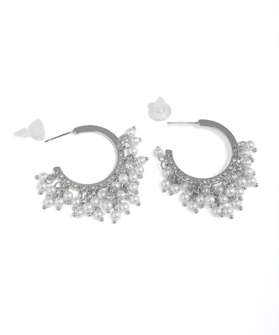 Rhodium finish earrings with crescent hoops and white faux pearl clusters