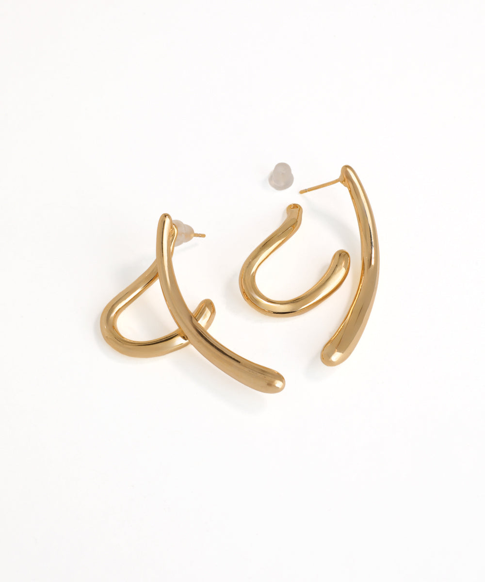 Gold hoop lines soft curves earrings on a white background