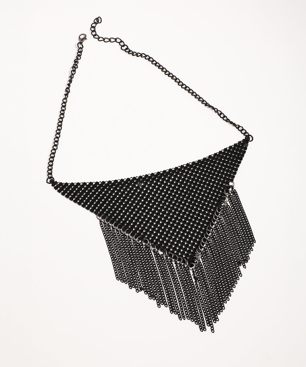 Black beaded fringe necklace on a white background