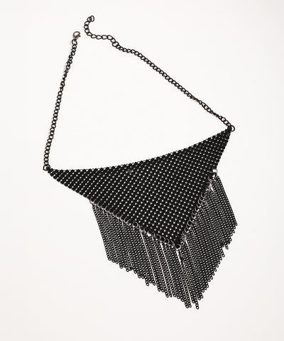 Black beaded fringe necklace on a white background