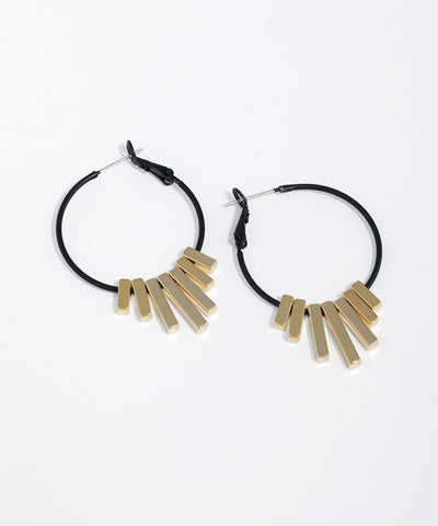 Black and gold-tone hoop earrings with geometric bar drops
