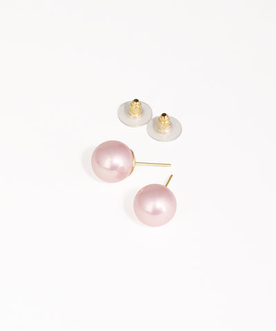 Pink pearl earrings with gold posts on a white background