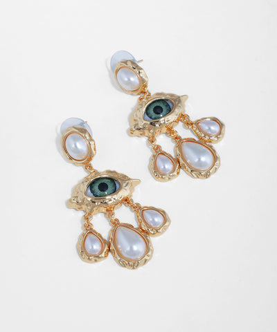 Gold-tone drop earrings with green eye motif and irregular faux pearl drops