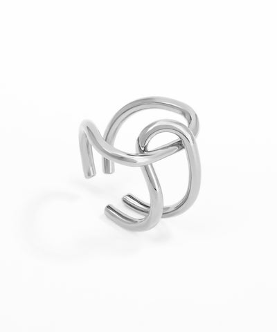 Silver ring with a modern design on a white background