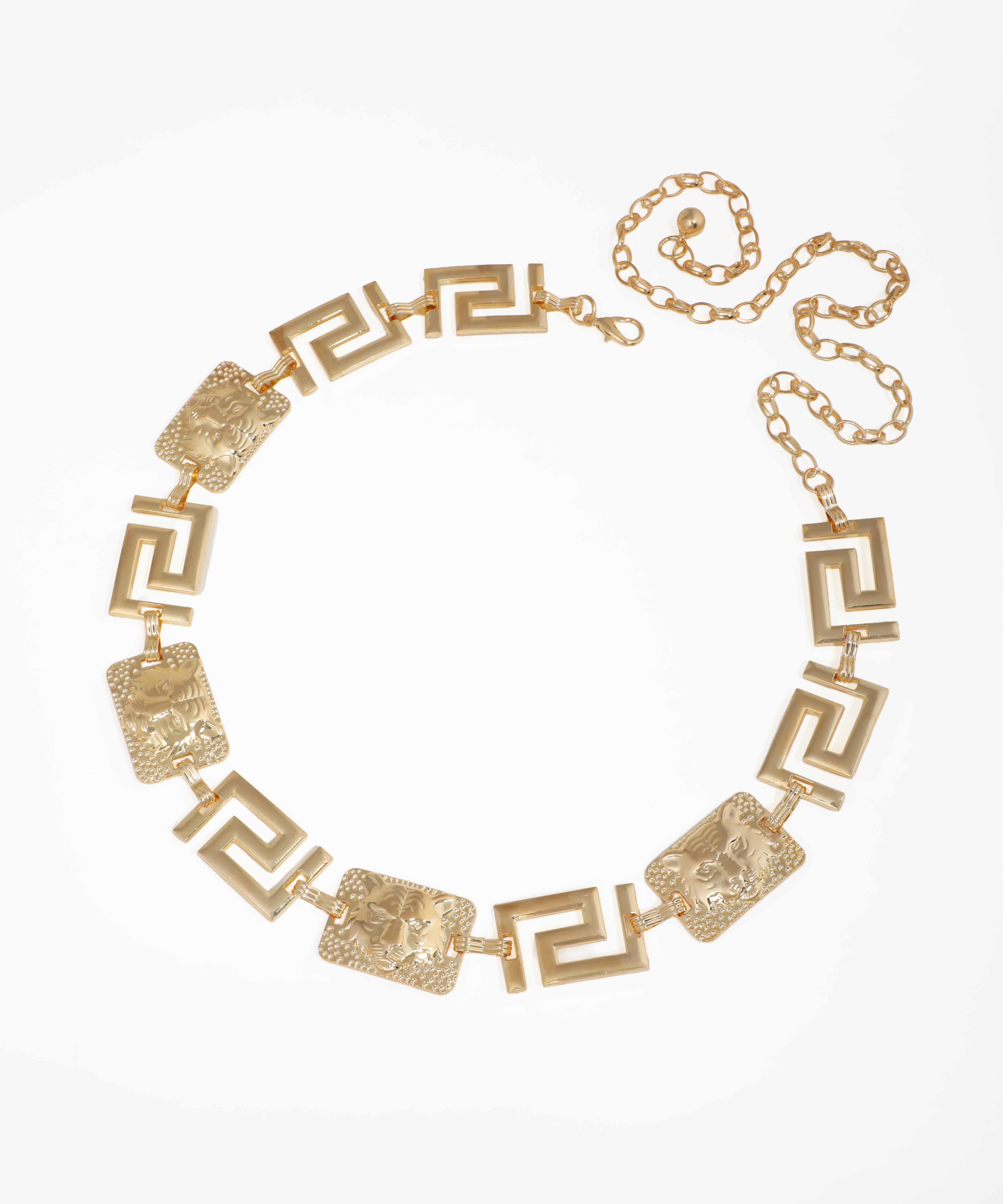 Gold-tone waist chains with alternating meander and embossed rectangular panels