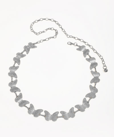 Silver butterfly necklace on a white background