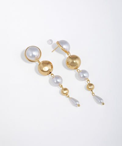 Gold-tone drop earrings with alternating round faux pearls and polished spheres, finished with a teardrop pearl.