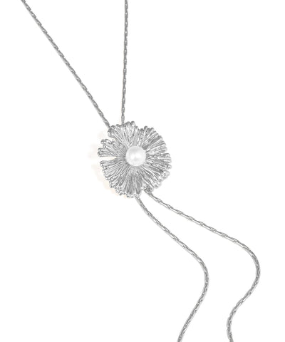 Silver necklace with a floral pendant on a white background