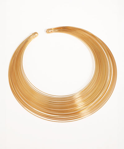 Gold-tone necklace with multiple fine wires forming an open collar design
