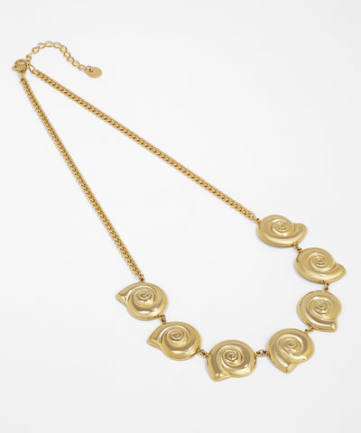 Gold necklace with rose-shaped pendants on a white background