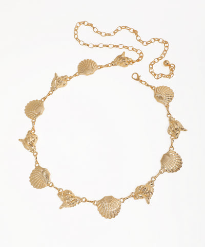 Gold-tone waist chains with textured seashell and conch shell motifs, lobster clasp.